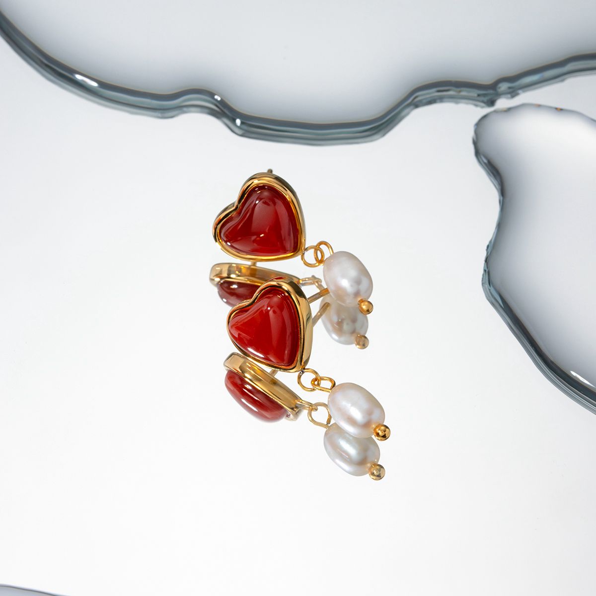 Red Heart Pearl Drop Earrings