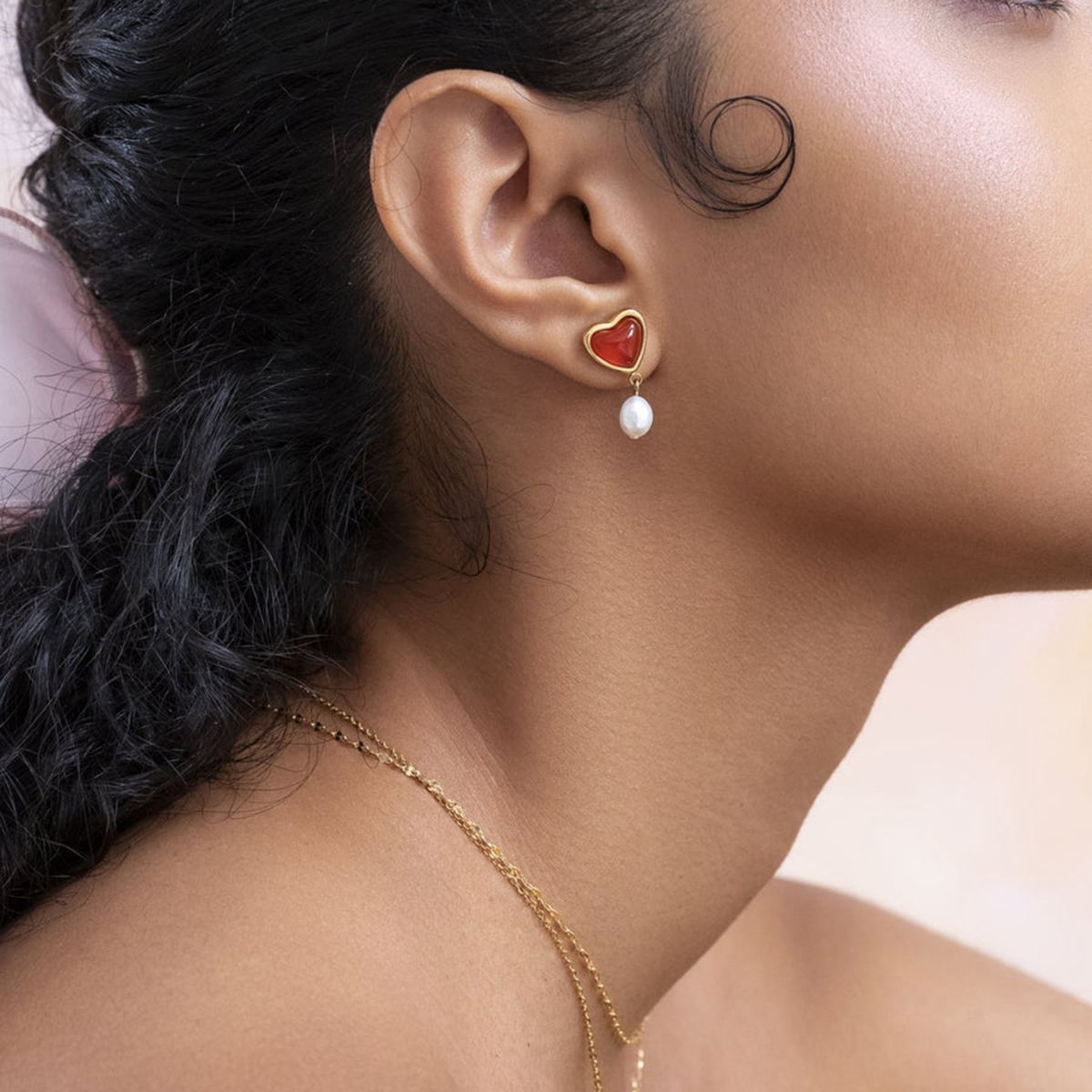 Red Heart Pearl Drop Earrings