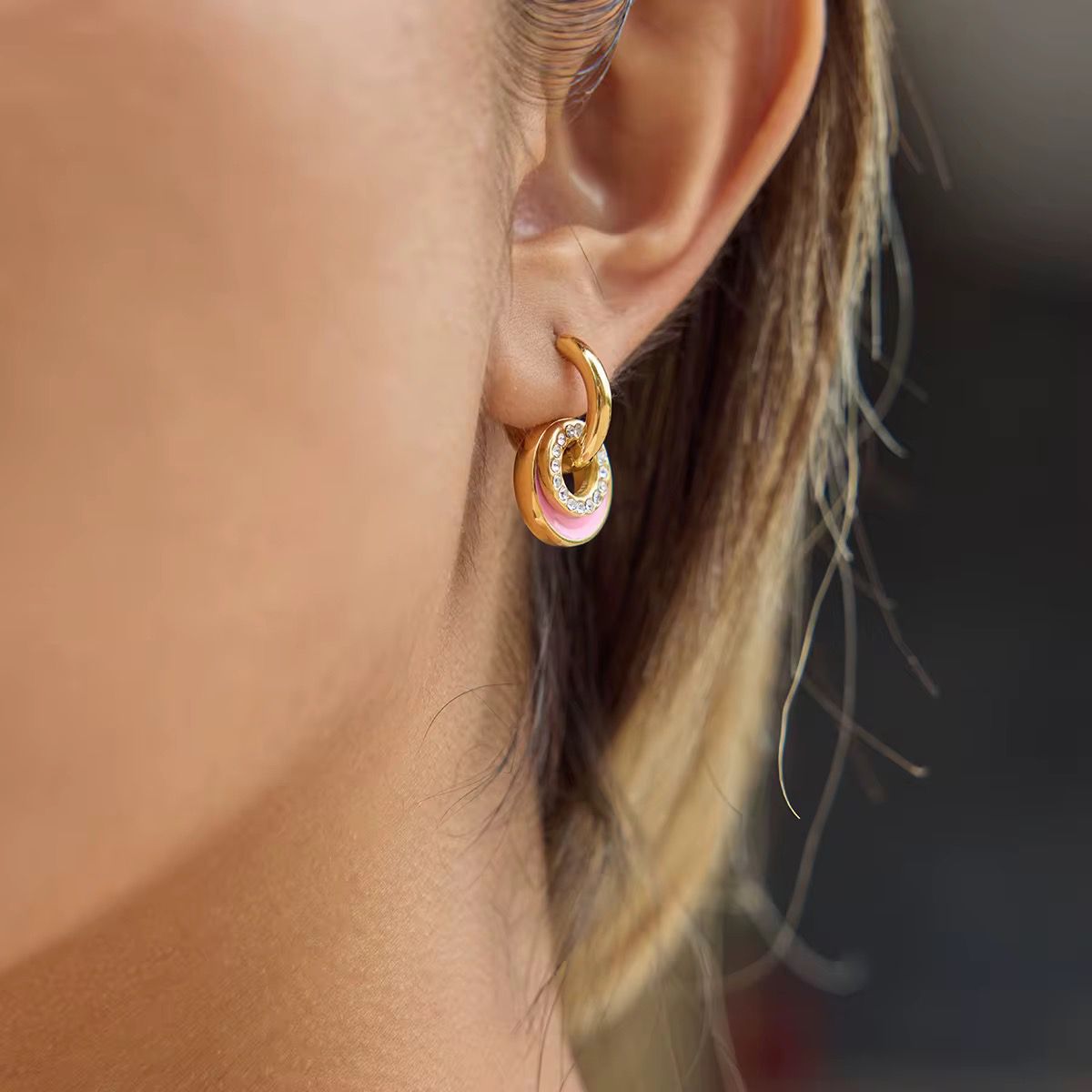 Pink Enamel Crystal Interlocking Hoop Earrings