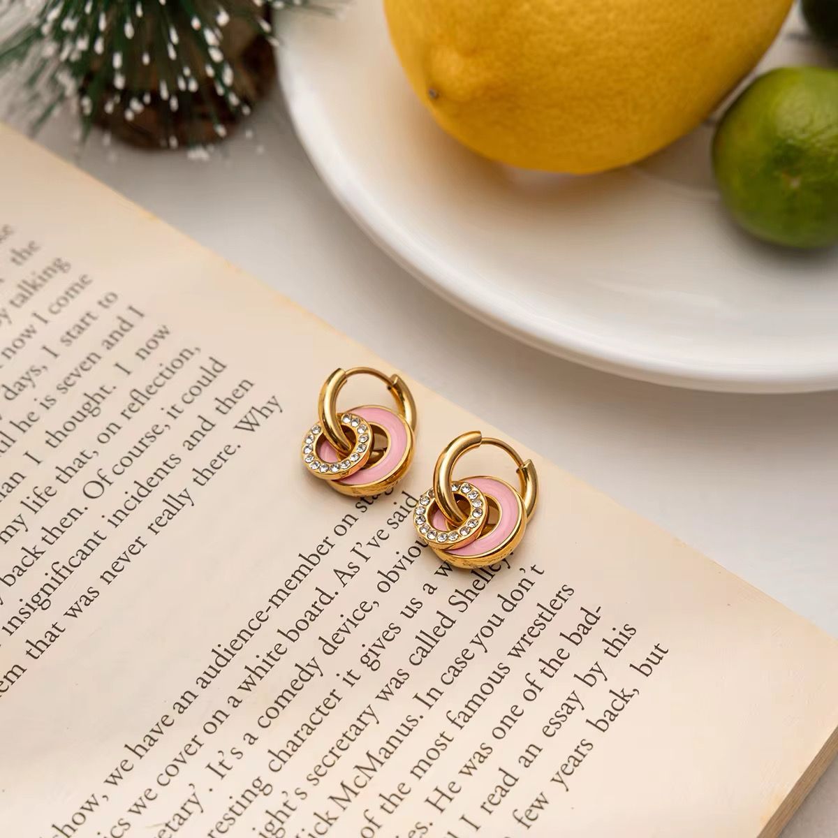 Pink Enamel Crystal Interlocking Hoop Earrings