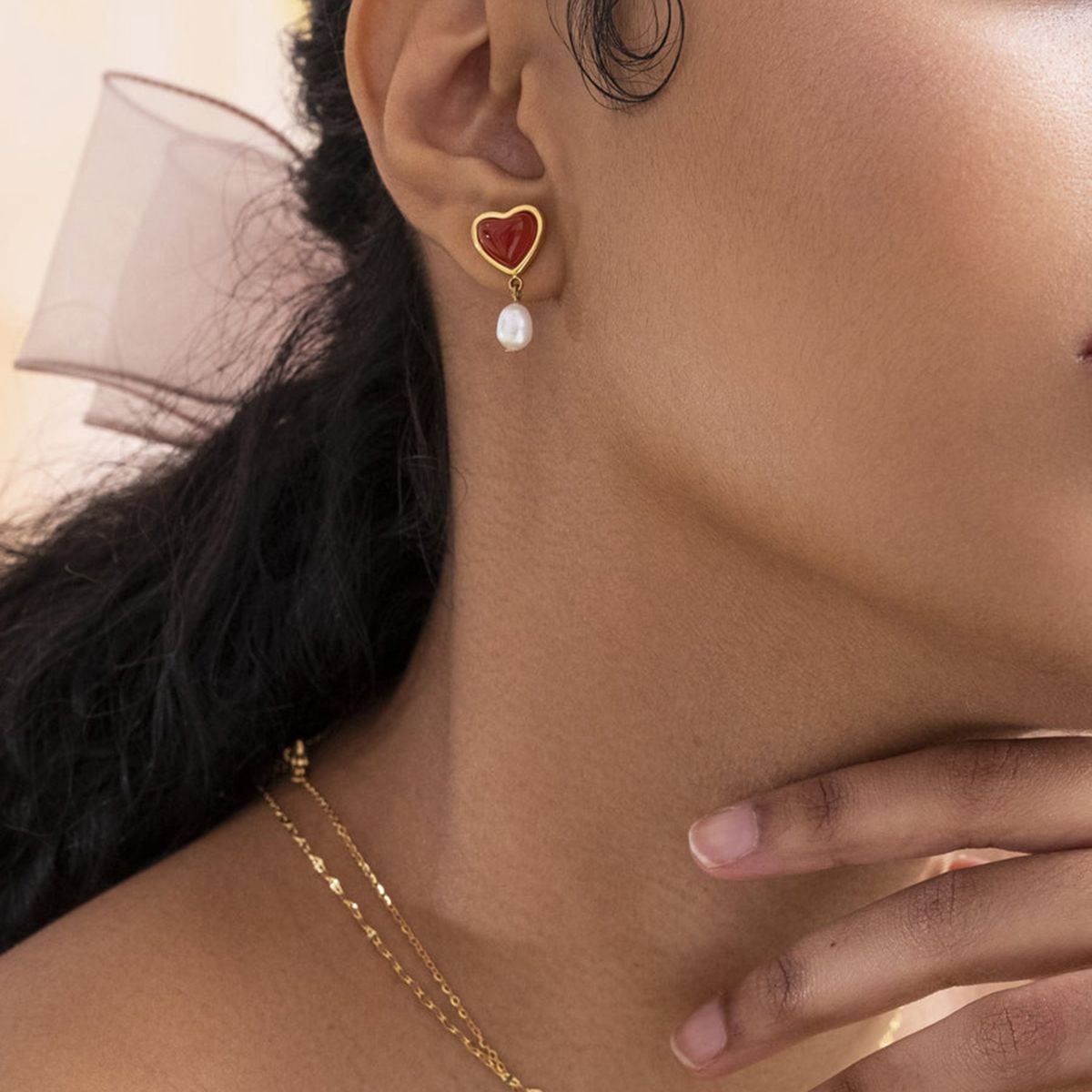 Red Heart Pearl Drop Earrings