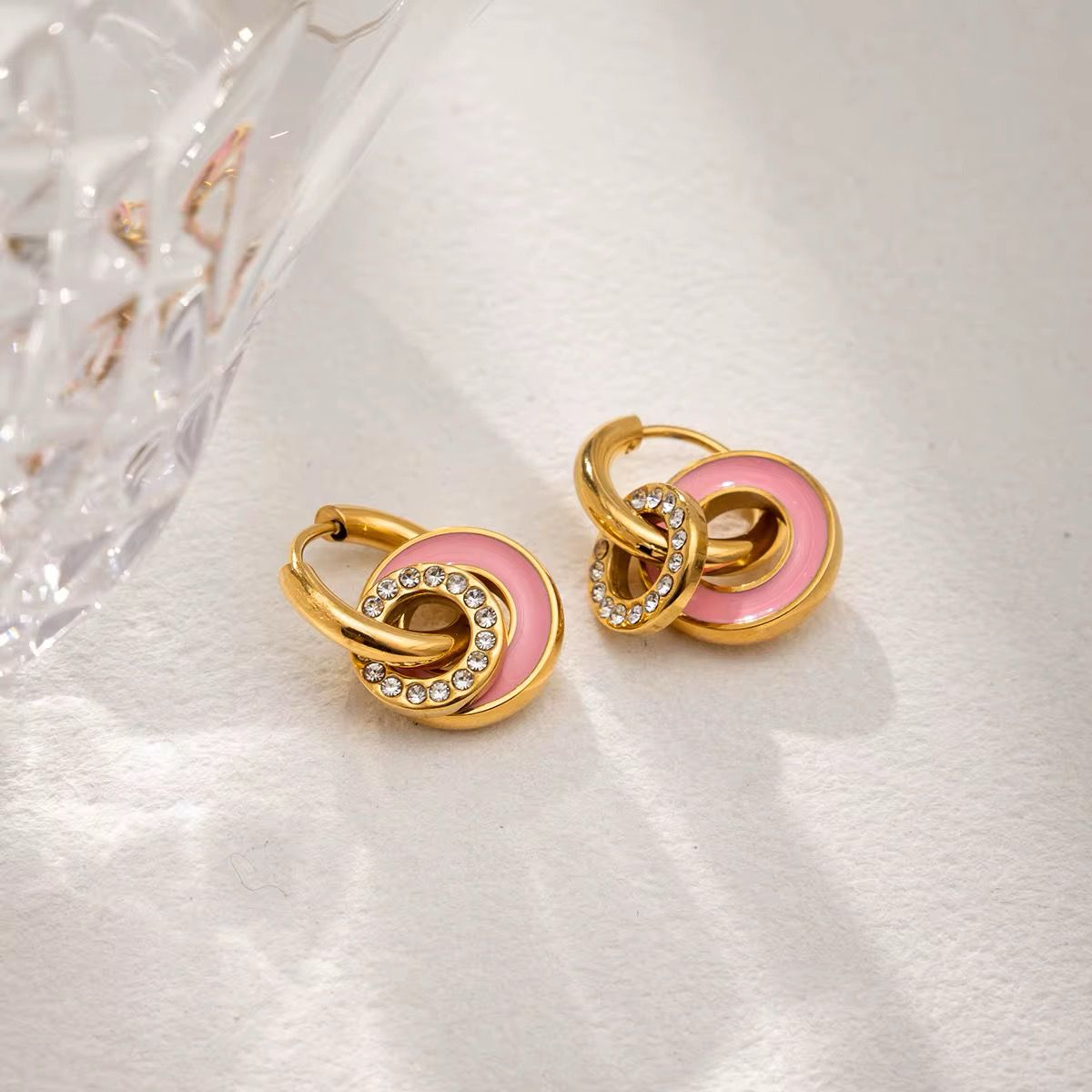 Pink Enamel Crystal Interlocking Hoop Earrings