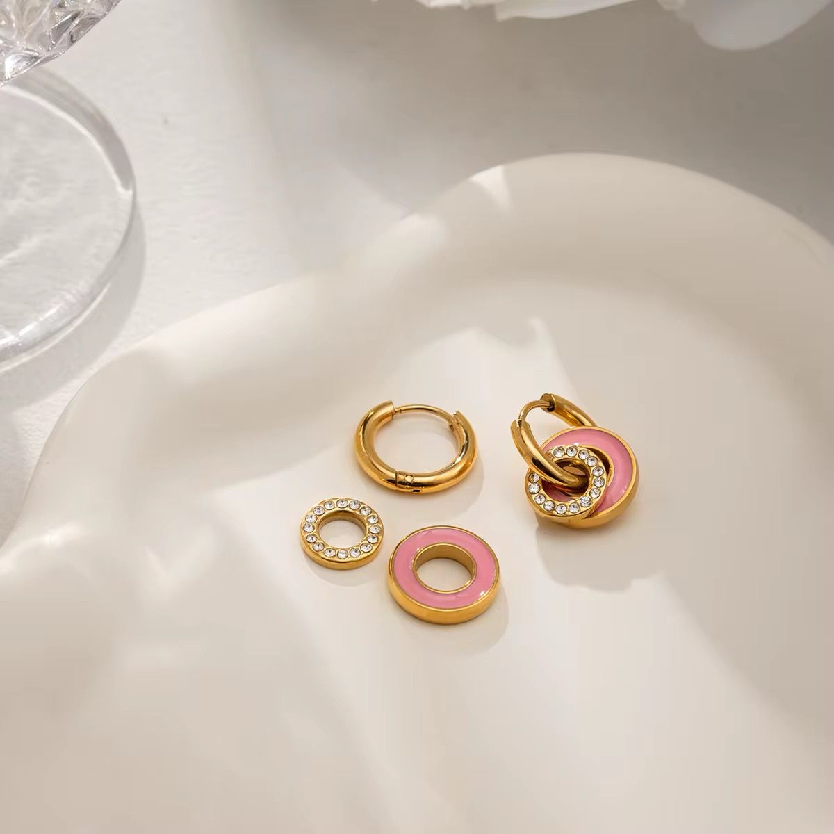 Pink Enamel Crystal Interlocking Hoop Earrings