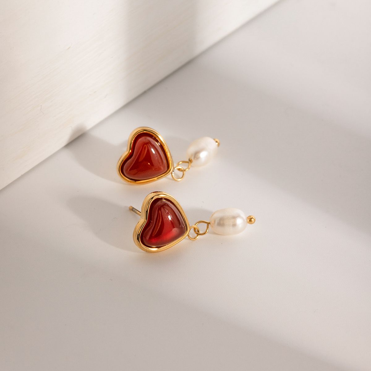 Red Heart Pearl Drop Earrings