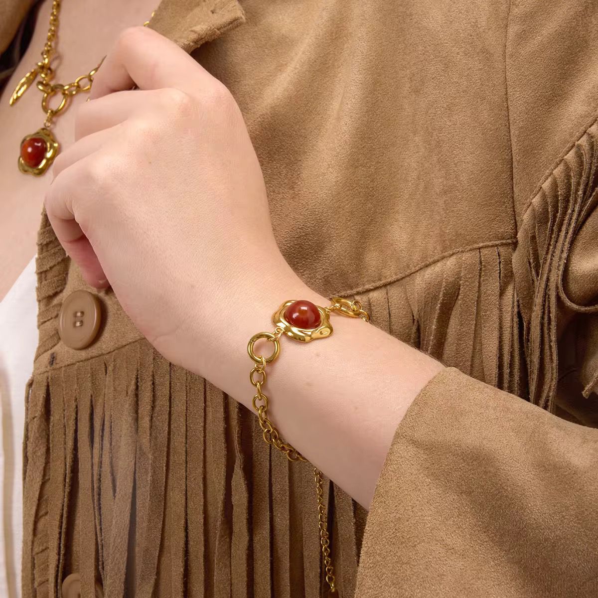 Golden Blossom Red Stone Bracelet