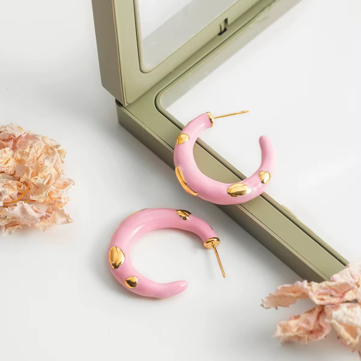 Pink Enamel Chunky Hoops with Gold Accents