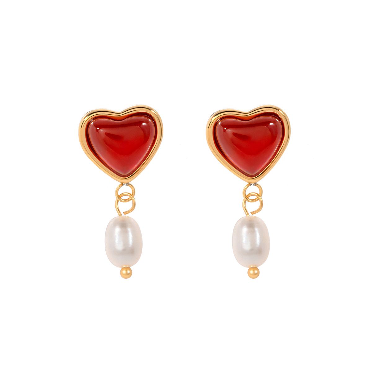 Red Heart Pearl Drop Earrings