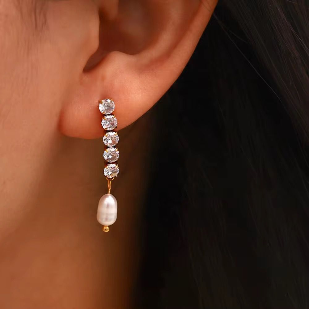 Dainty Crystal Line Pearl Drop Earrings