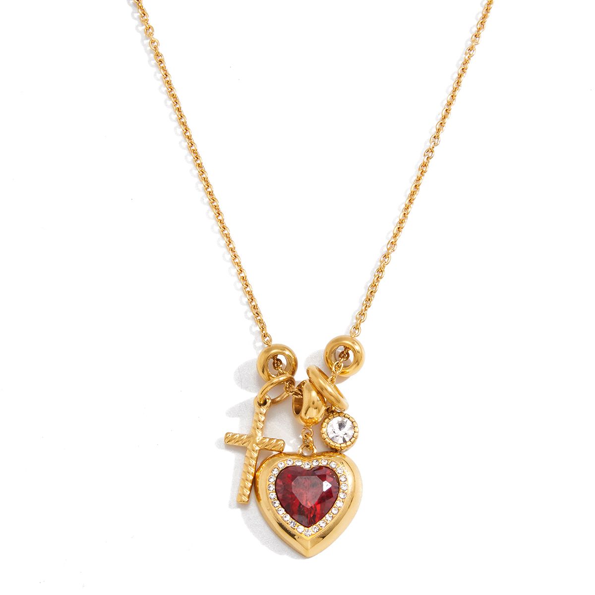 Red Heart Charm Necklace Cross + Sparkle Detail
