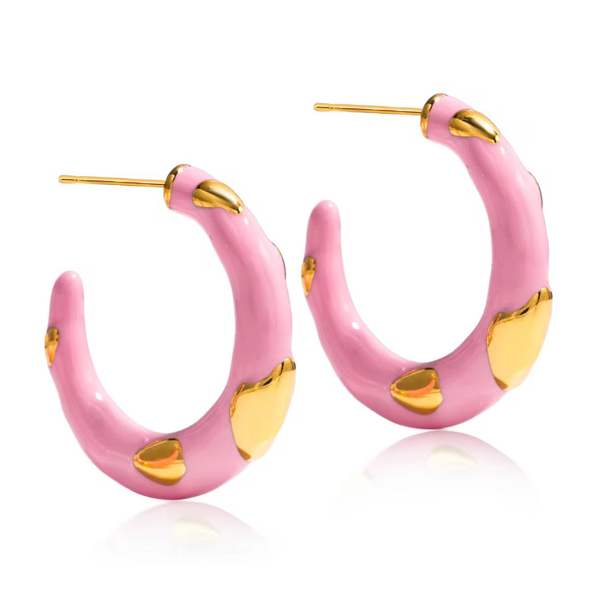 Pink Enamel Chunky Hoops with Gold Accents