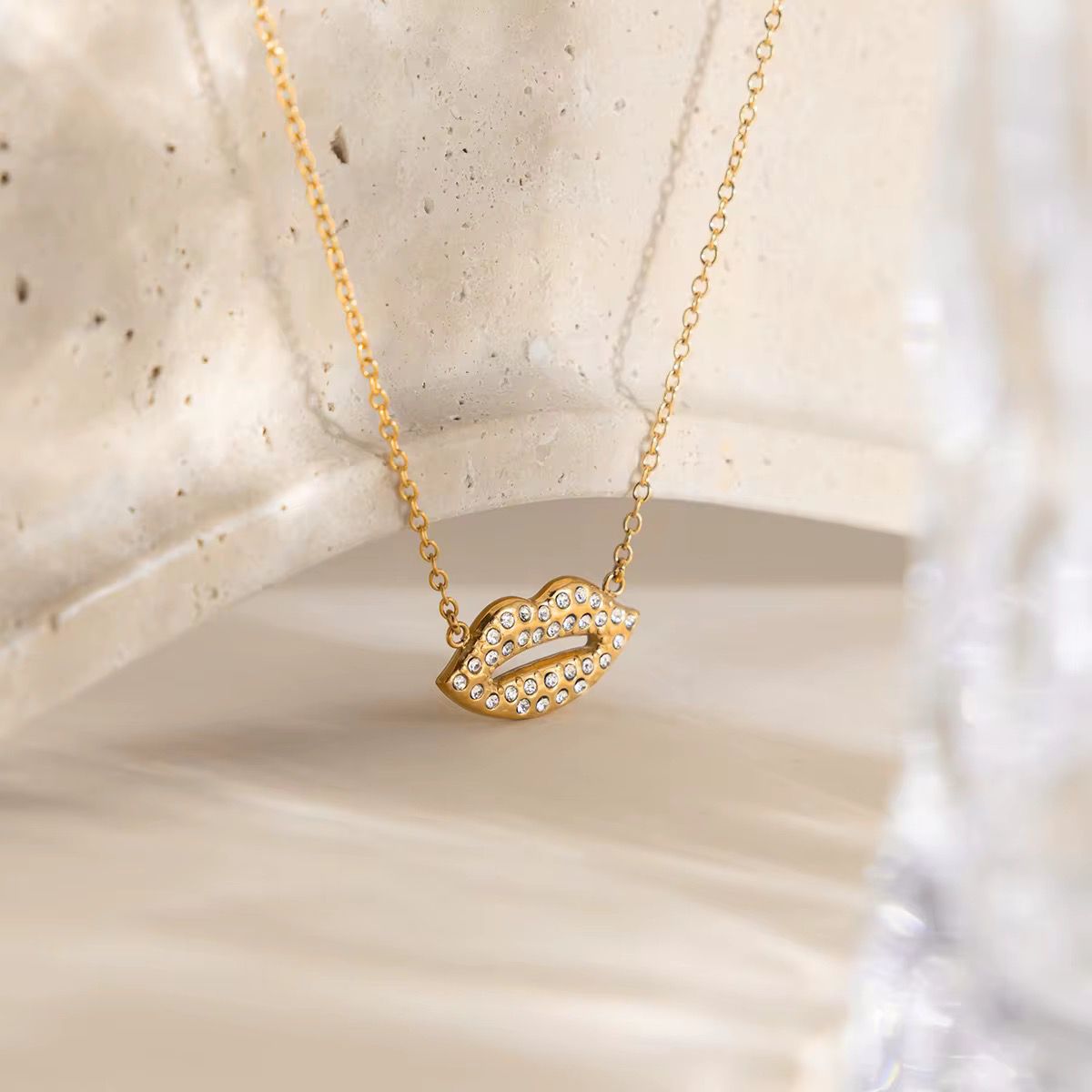 Crystal Lips Charm Necklace