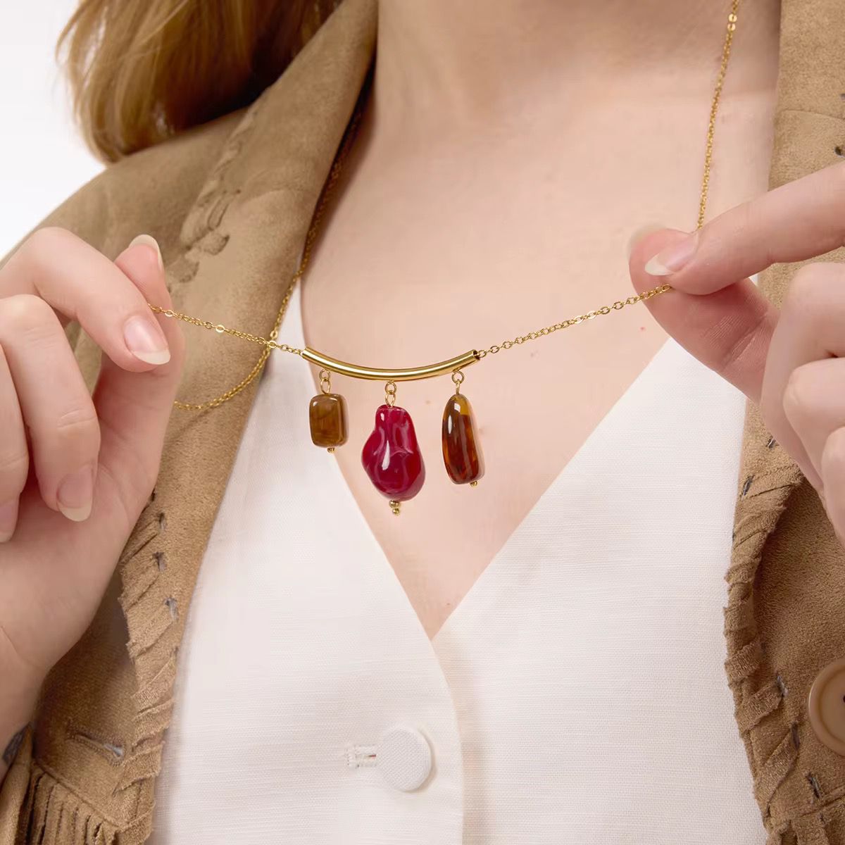 Golden Gem Trio Necklace – Artistic & Colorful Elegance