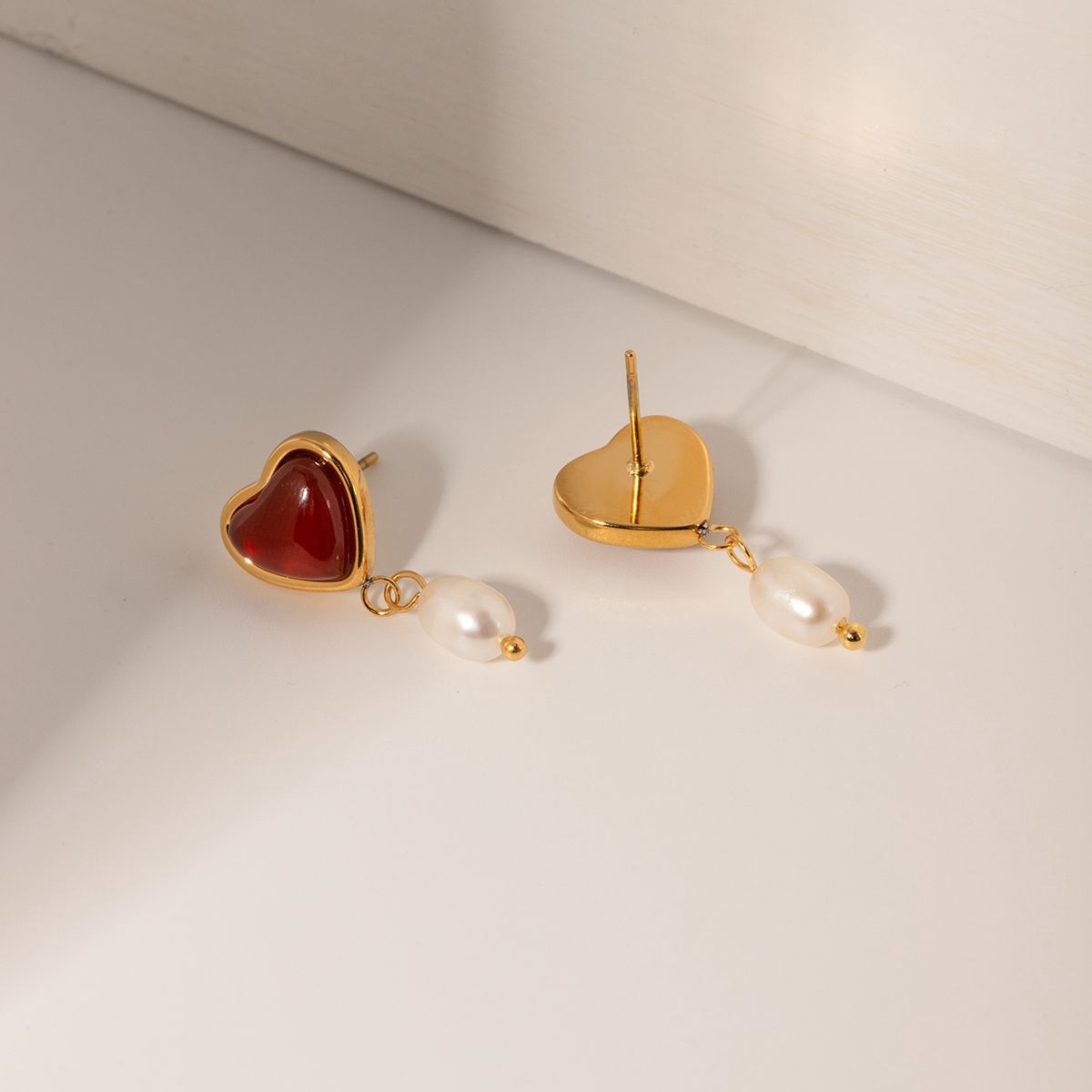 Red Heart Pearl Drop Earrings