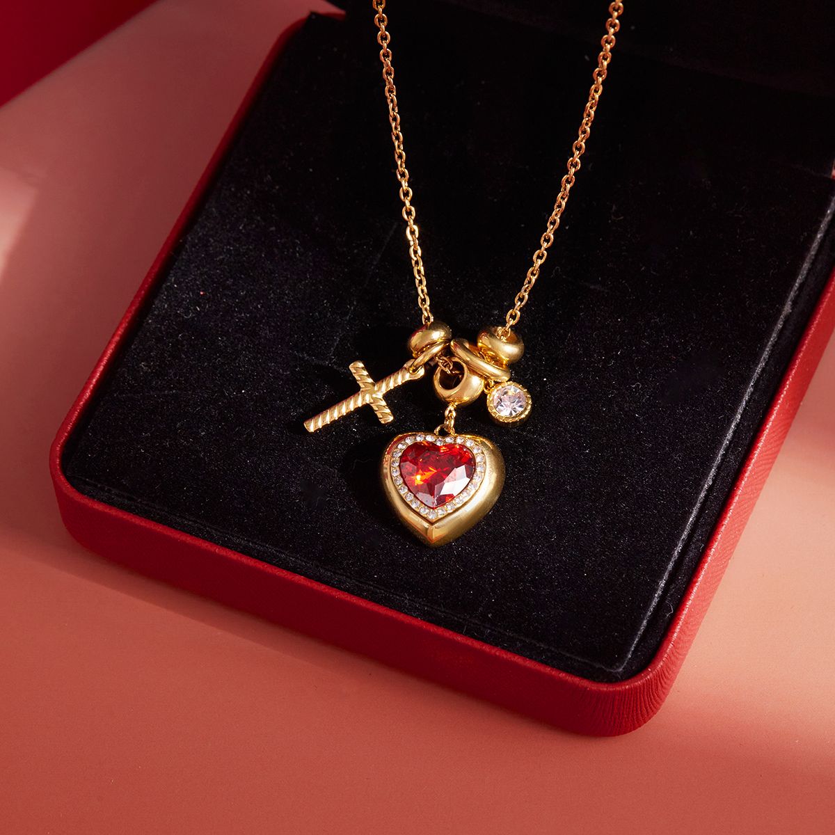 Red Heart Charm Necklace Cross + Sparkle Detail