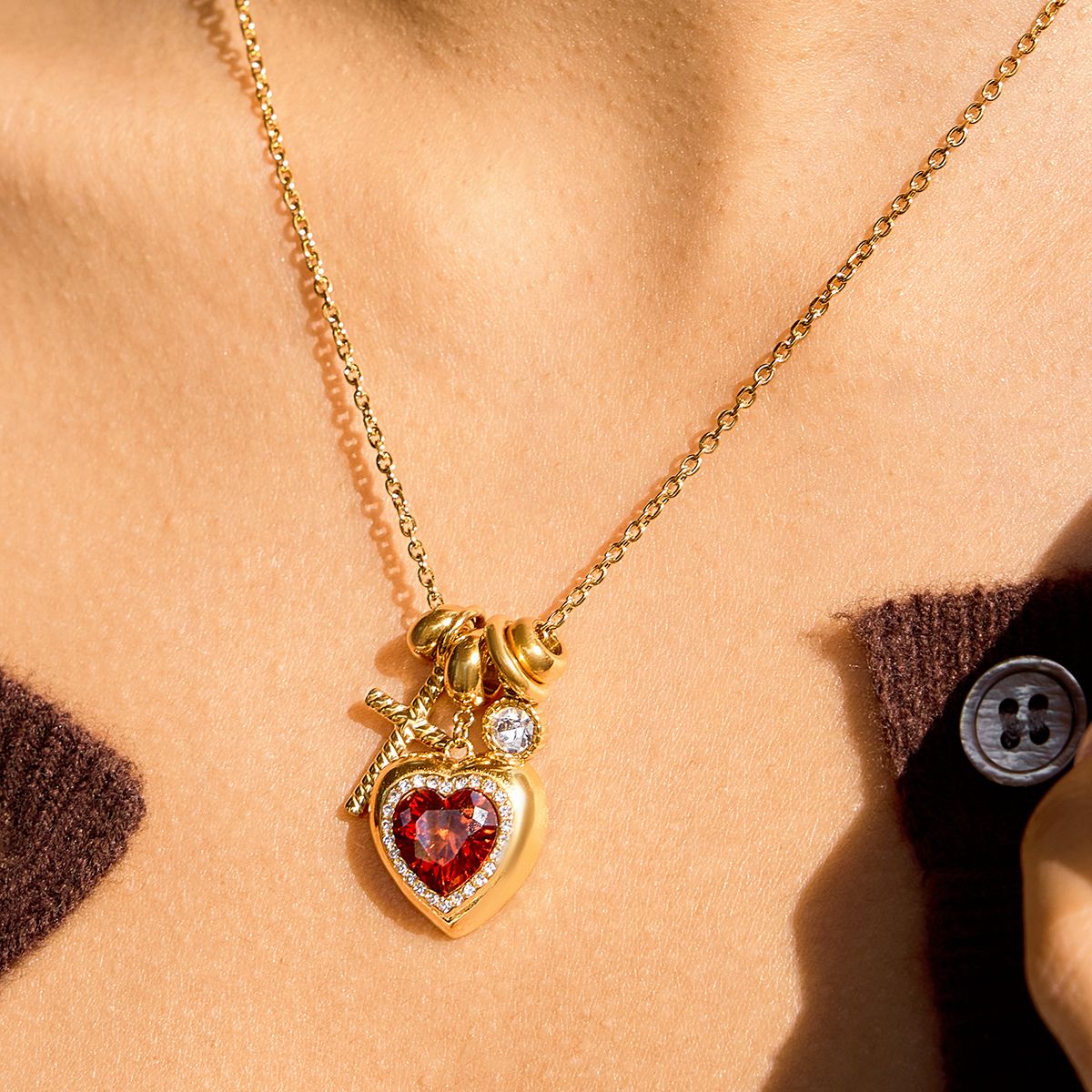 Red Heart Charm Necklace Cross + Sparkle Detail