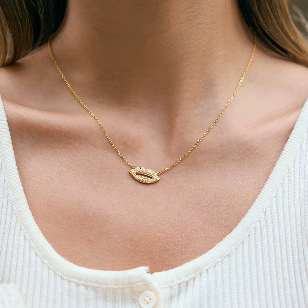 Crystal Lips Charm Necklace