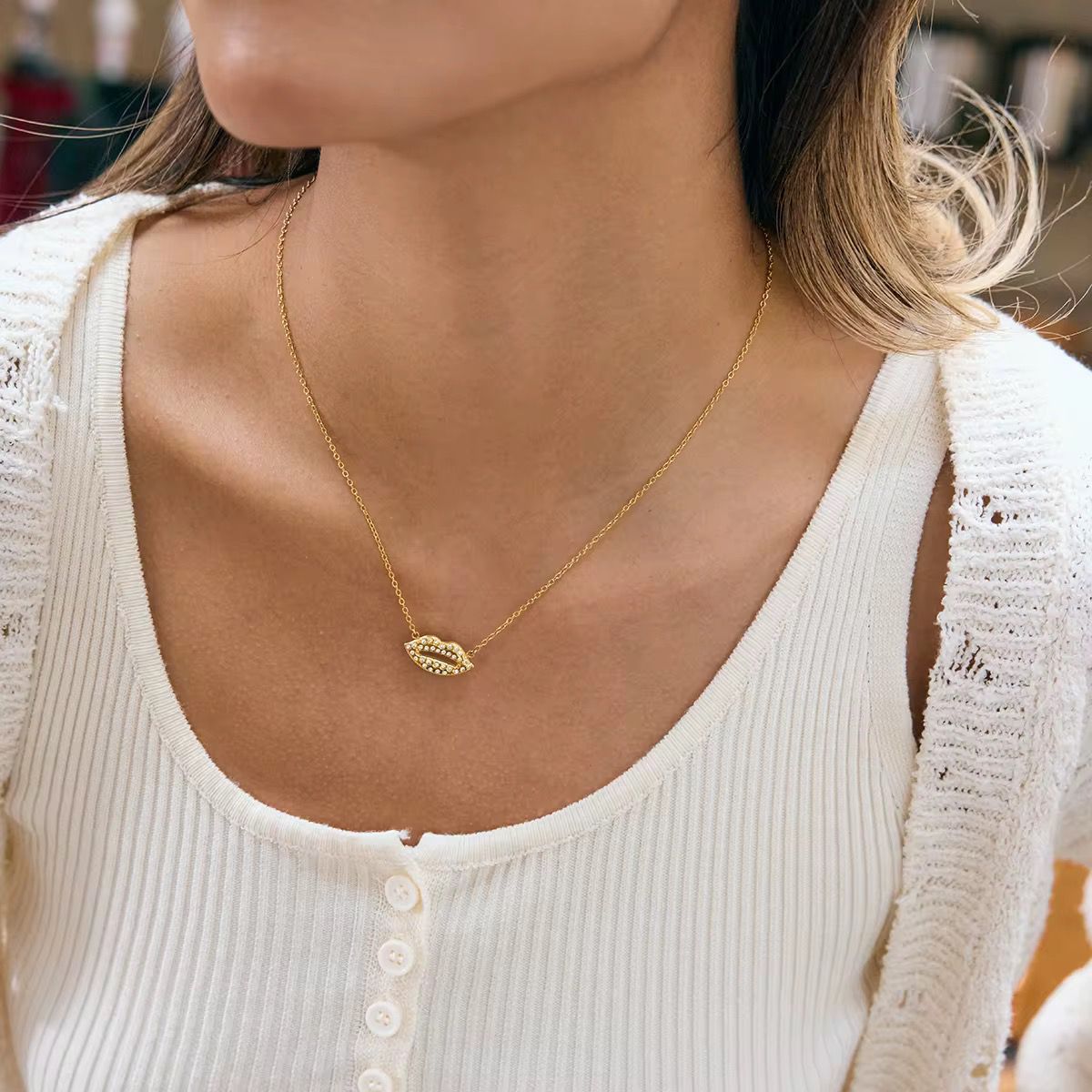 Crystal Lips Charm Necklace